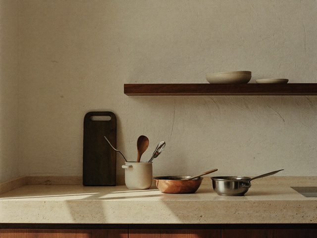 Angolo di cucina essenziale con piano in travertino, mensola in noce con ciotole in gres opaco, pentola in acciaio sul piano cottura, casseruola in rame e un vaso in ceramica con utensili in ulivo e acciaio.