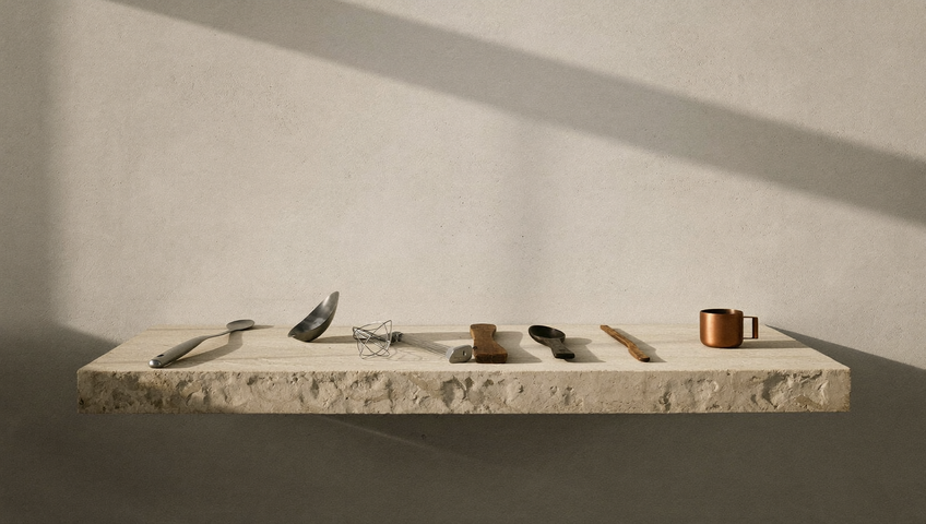 Una fila ordinata di utensili su una lastra di travertino: mestolo, schiumarola e frusta in acciaio, spatola in ulivo, cucchiaio in noce e un piccolo misurino in rame, con lunghe ombre parallele.